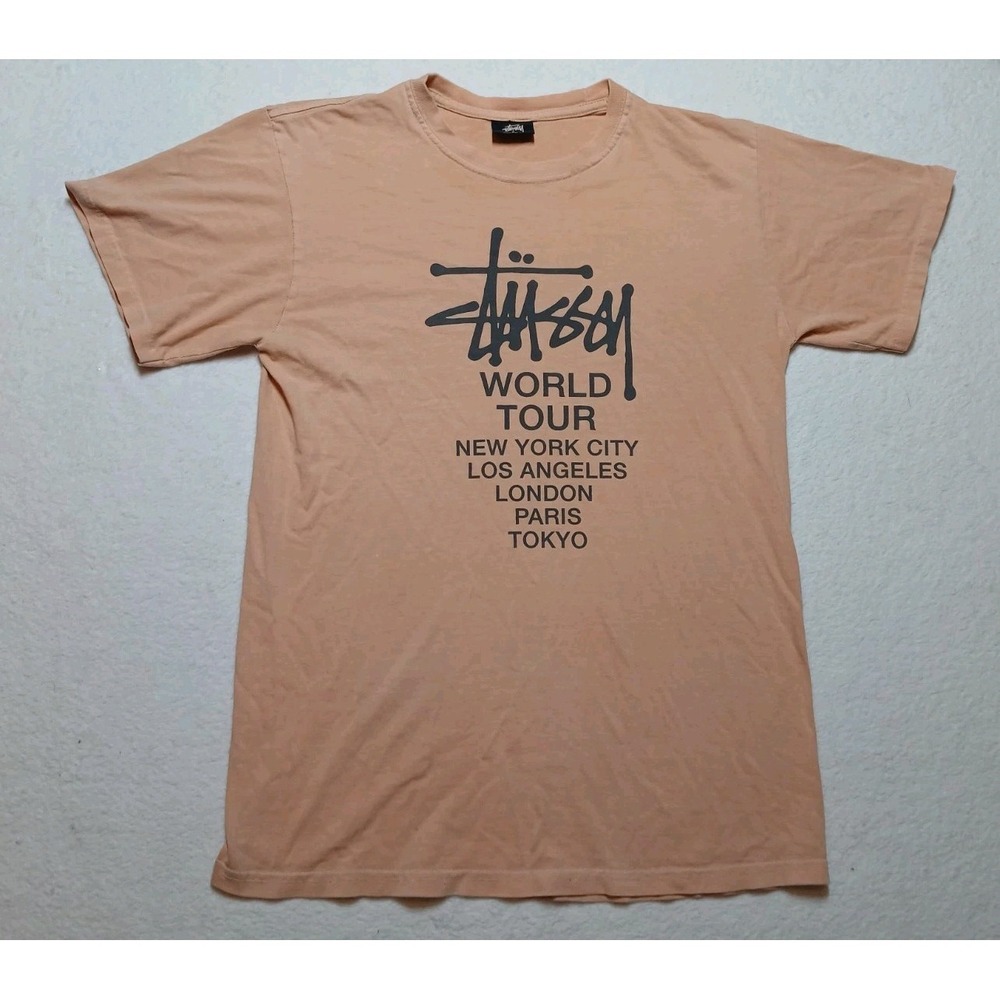 Y2K - STUSSY WORLD TOUR TEE SUN FADED PEACH SIZE SMALL SOFT VINTAGE COMFORT